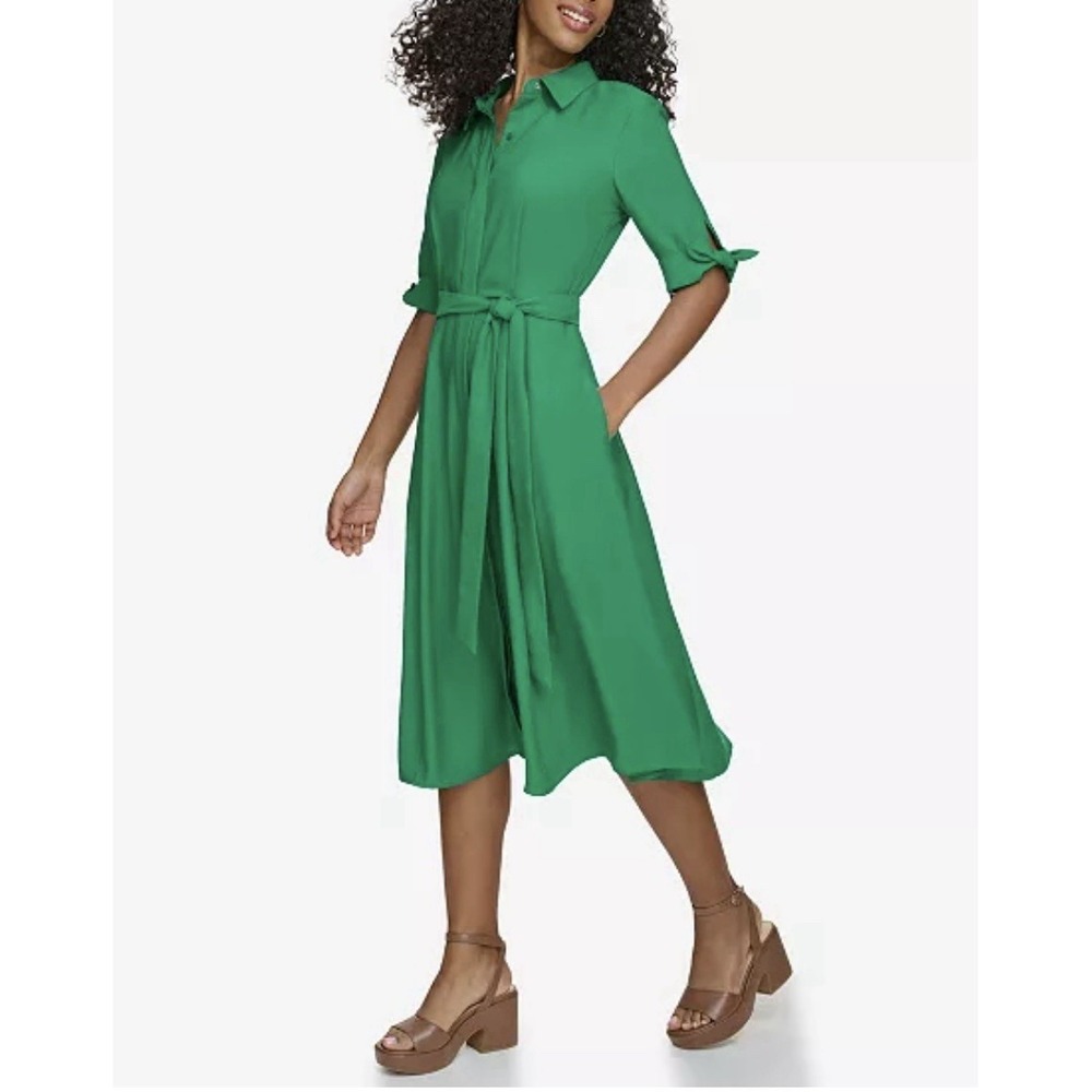 Calvin Klein Women's Women's Tie-Sleeve Collared Shirt Dress Sz 14 Green